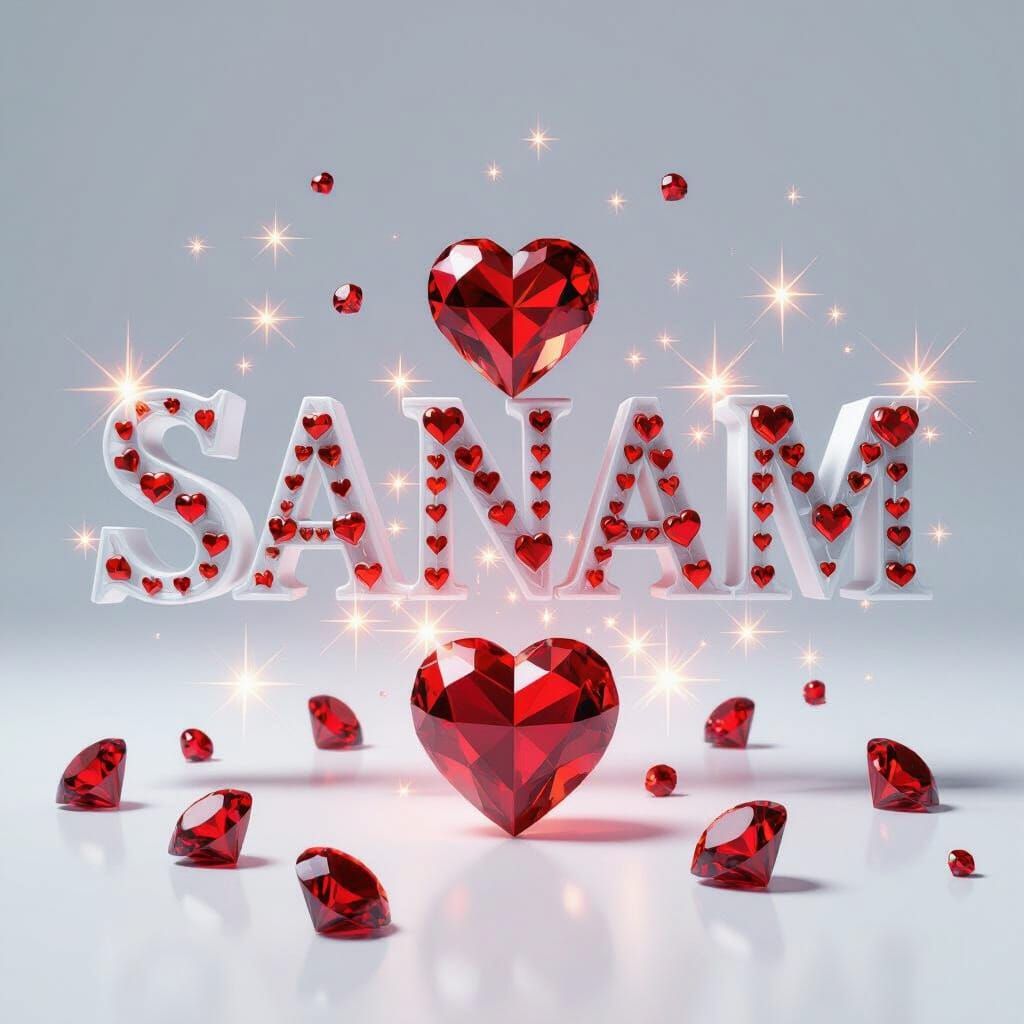 3D Text "Sanam" with Prismatic Hearts and Diamonds