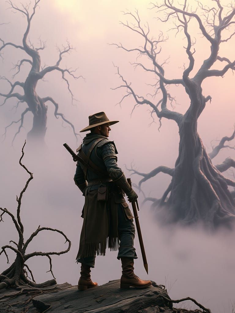 Determined Hero Emerges from Eerie Lavender Mist