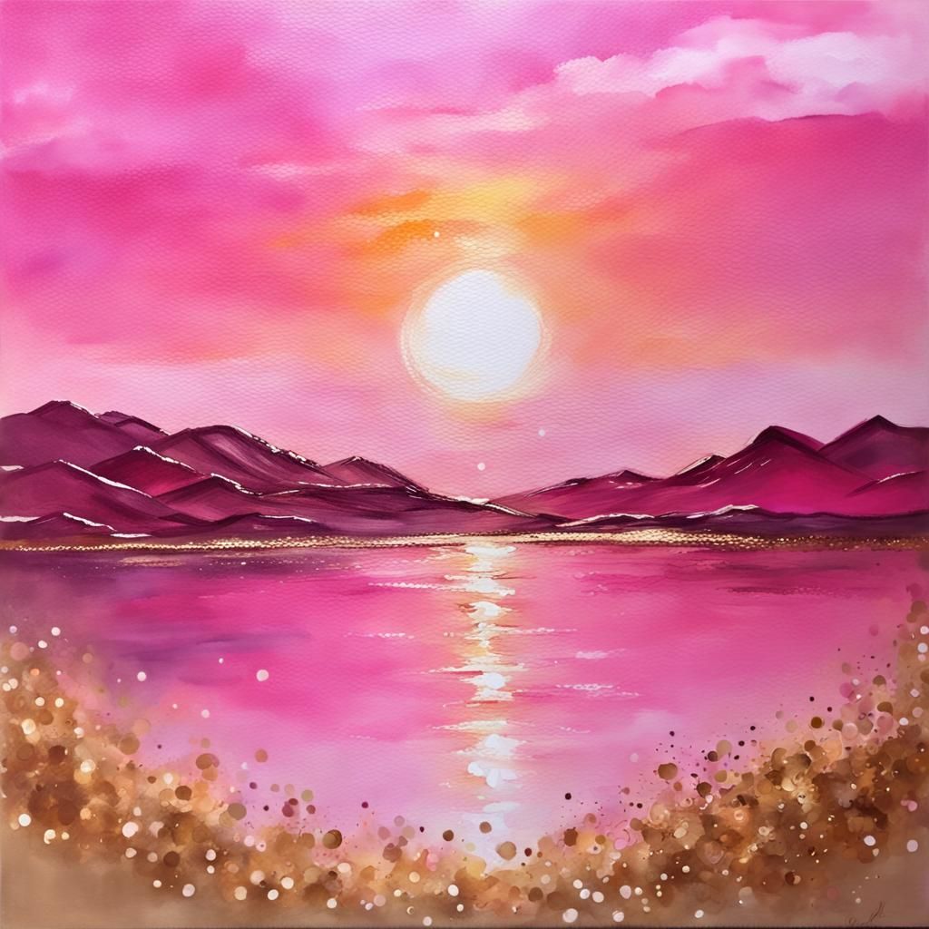 Pink and Gold Sunset Painting with Bokeh Effect