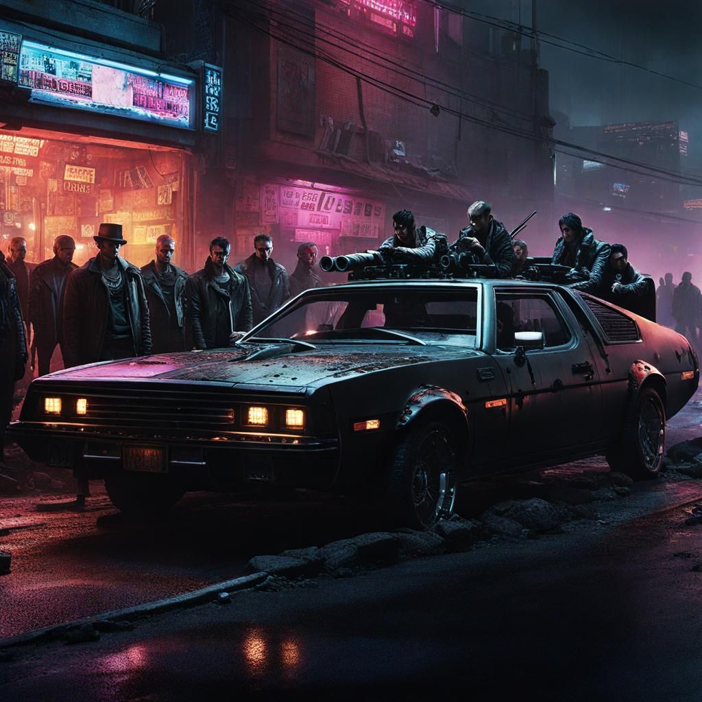 Cyberpunk Street Gang in Futuristic Car