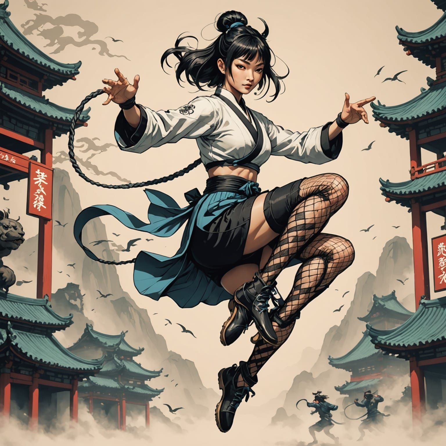 Kung Fu Dancer in Fishnets, Vintage Anime Ink Style