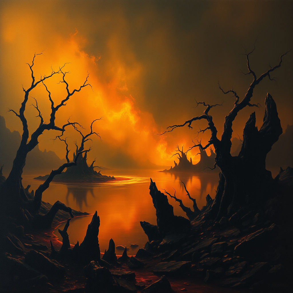 Infernal Lake of Fire in Dark Surrealist Style