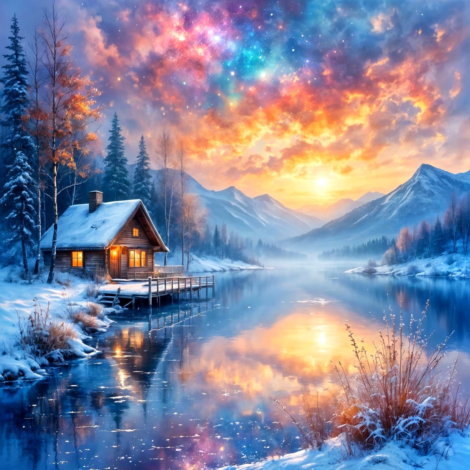 Magical Winter Night Sky Over Snowy Landscape