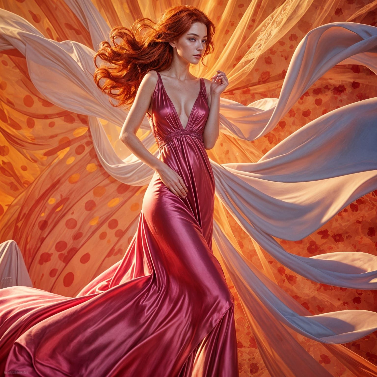 Red-Haired Woman in Silk Gown: Hyperrealistic Concept Art