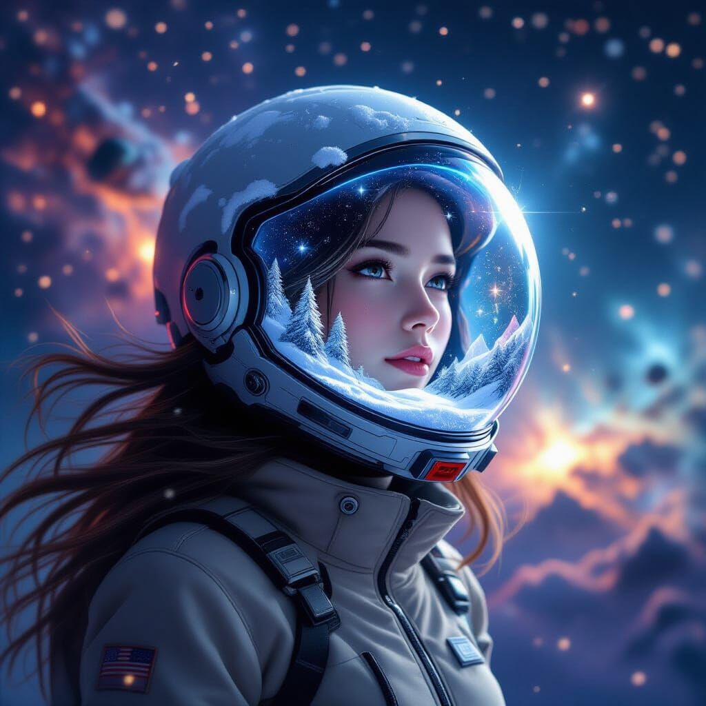 Cosmic Woman in Snow Globe Helmet Amongst Nebulae