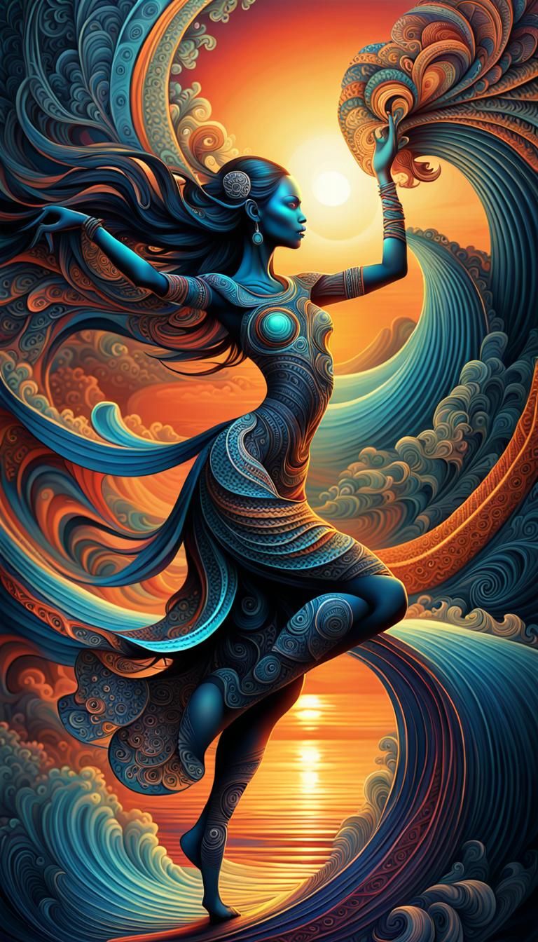 Vibrant Tribal Dance at Sunset in Fractal Art Style