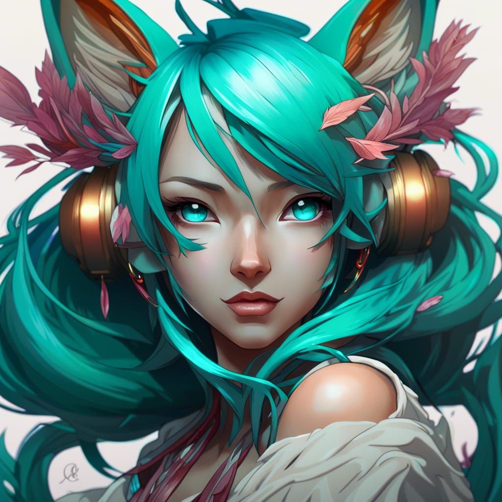 Kitsune Hatsune Miku Portrait in Hyperdetailed Digital Art