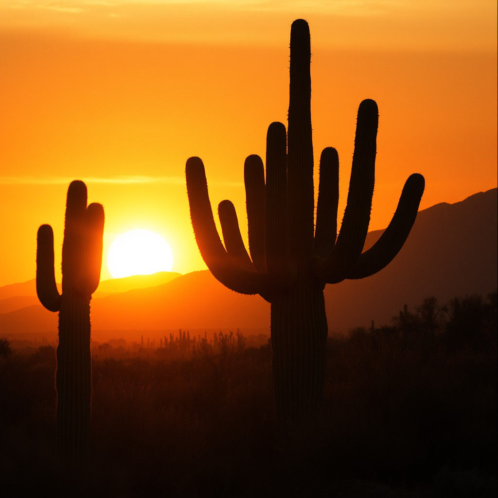 Desert Sunset: Saguaro Cactus in Golden Light