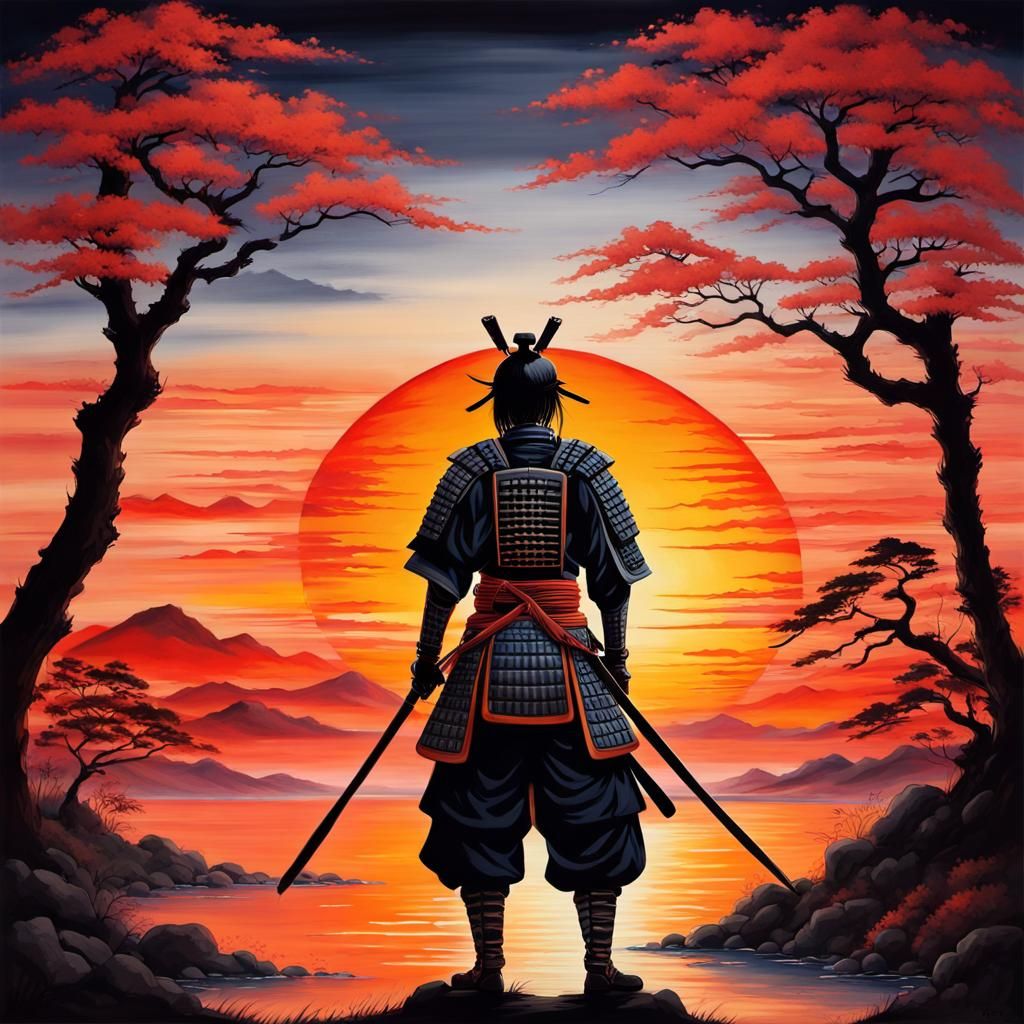 Samurai Warrior Silhouette Against Vibrant Sunset Painting