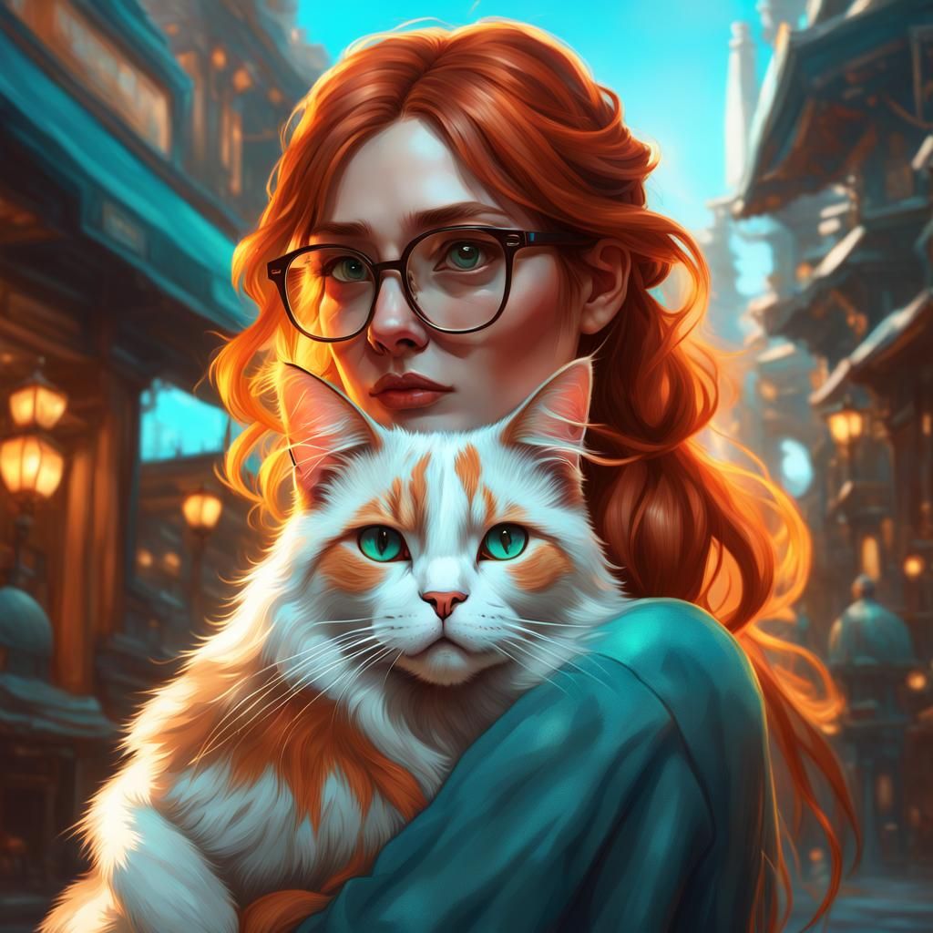 Girl with Cat in Art Nouveau Style