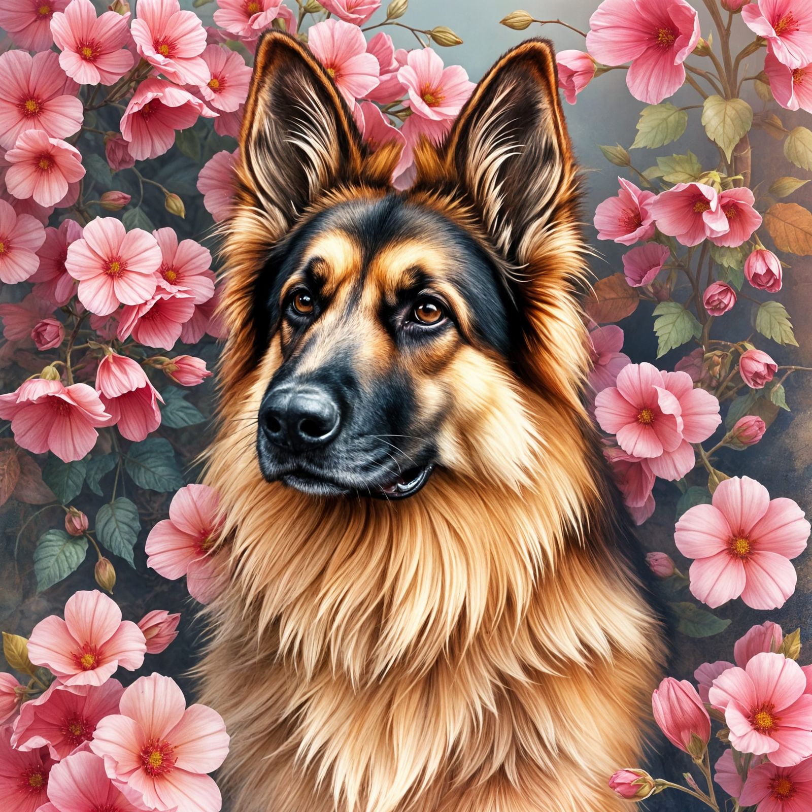 Dreamy Pink German Shepherd in a Whimsical Garden