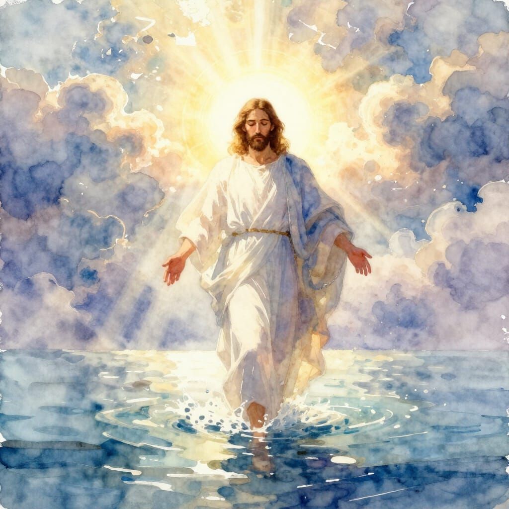 Jesus Walking on Water in Ethereal Watercolor Style