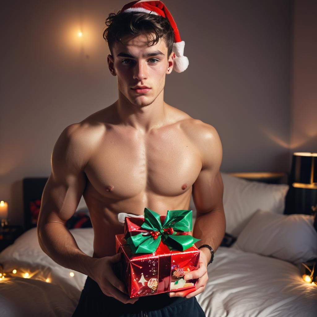 Sweat-Drenched Man with Gift: Fashion Photography