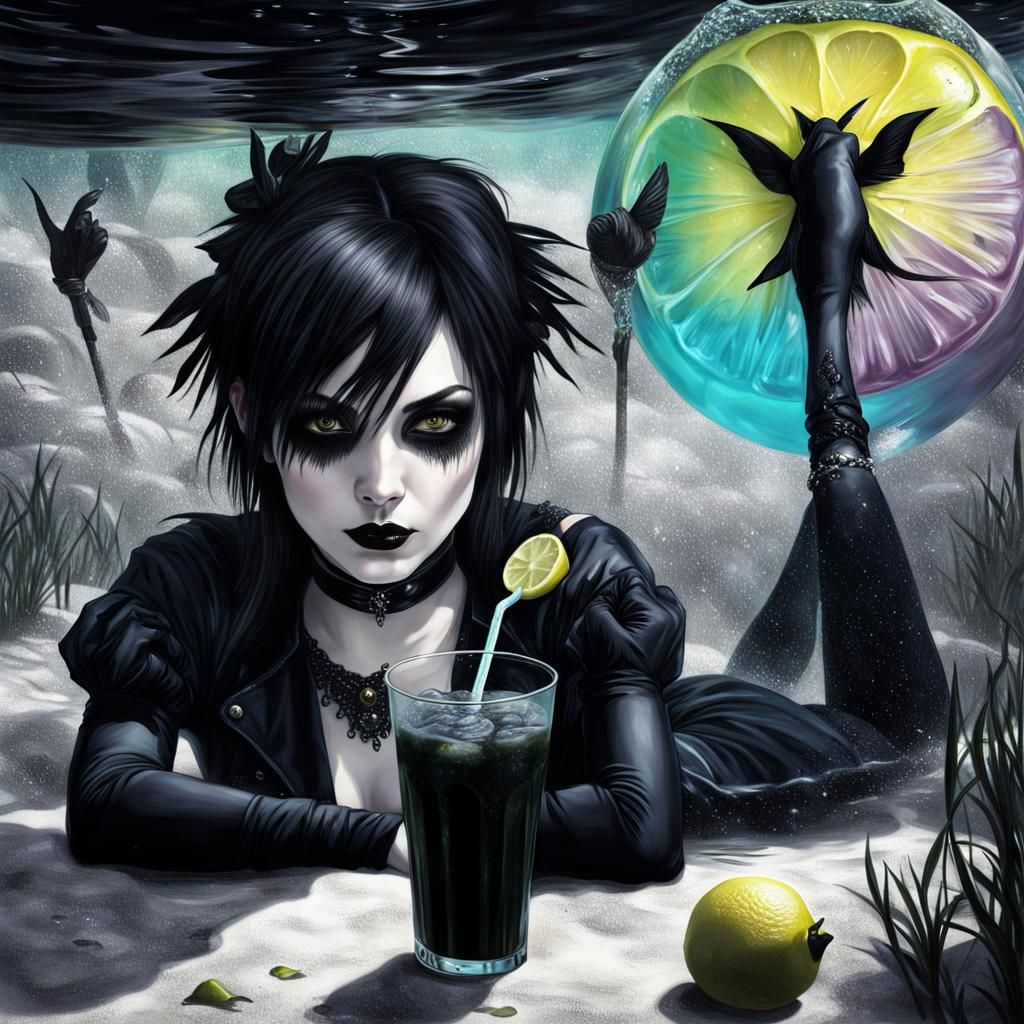 Goth Woman Swimming in Lemonade: Photorealistic Image