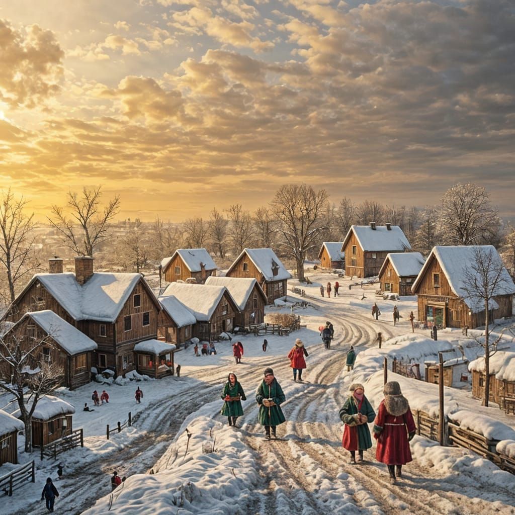 Winter Village Landscape in Bruegel Style