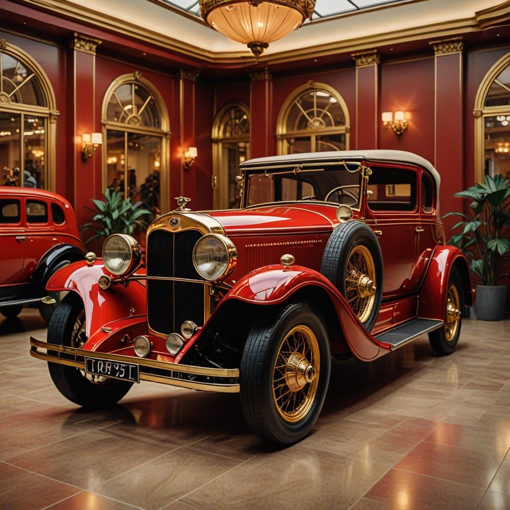 Red 1930s Car in Art Nouveau Showroom