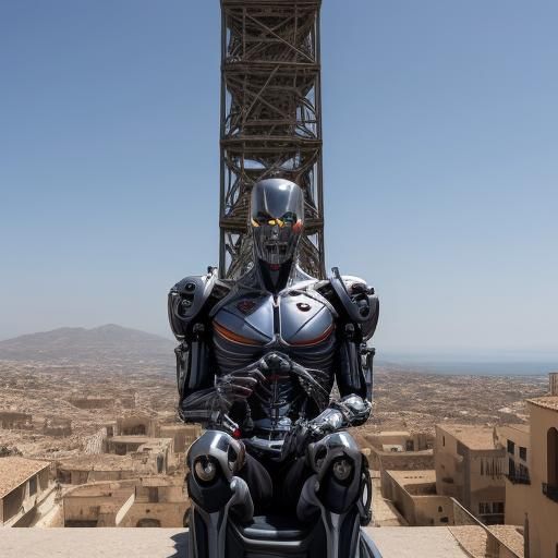Sinister Cyborg Perched Atop Sicilian Tower