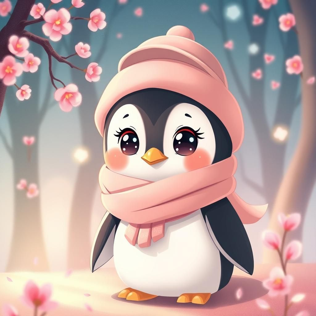 Anime Penguin Girl in Ethereal Cherry Blossom Forest