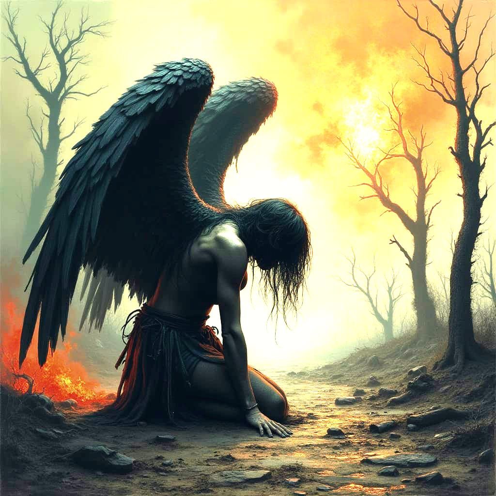 Desolate Angel Kneels in Ash-Filled Wasteland