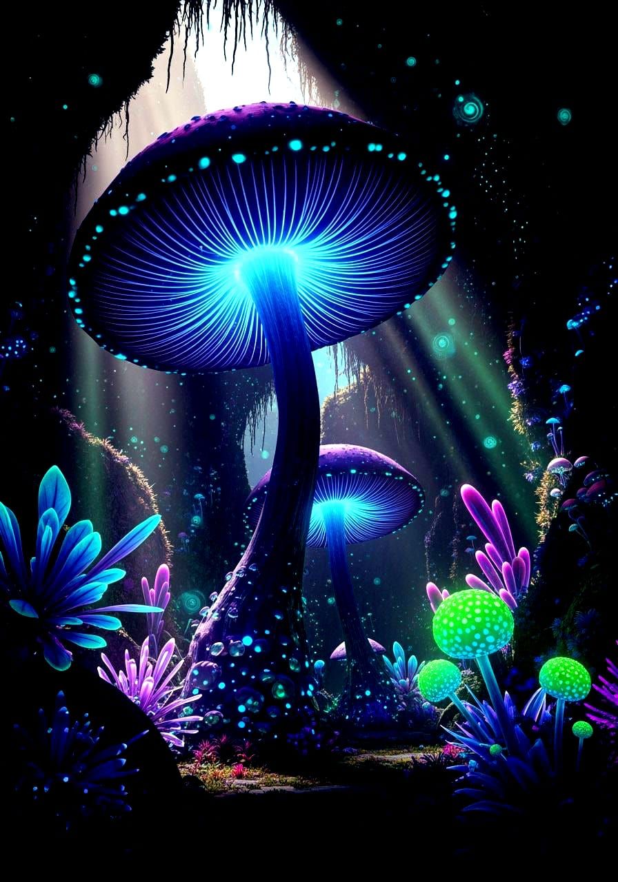 Bioluminescent Mushroom in Alien Grove, Digital Art