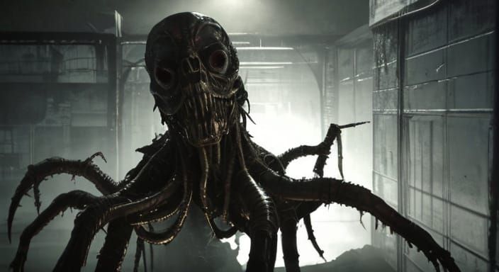 Cyberpunk Horror Masterpiece: T. Rex Like Face in Cosmic Pur...