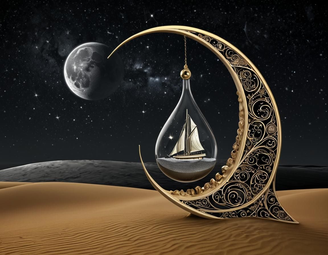 Hourglass Containing Earth and Moon with Ship and Stars