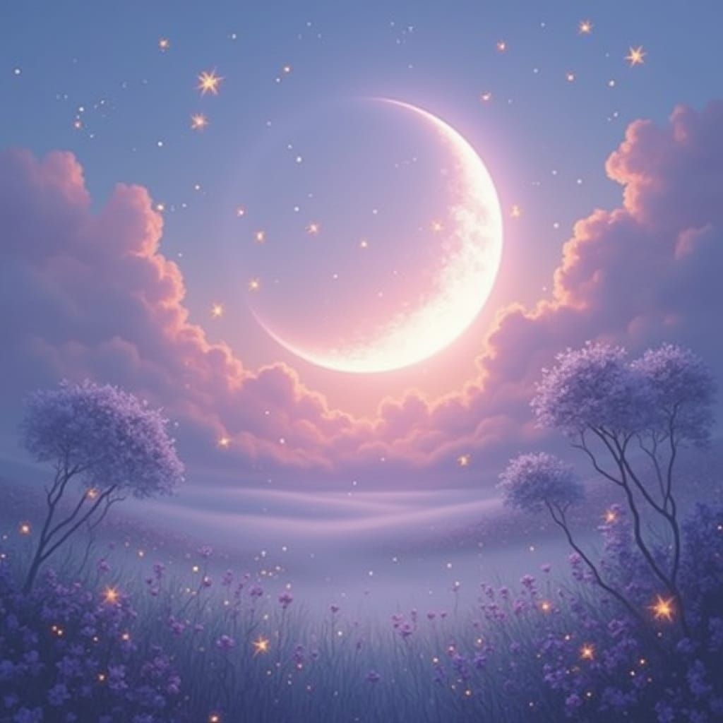 Pastel Moonlit Sky with Fireflies in Fantasy Landscape