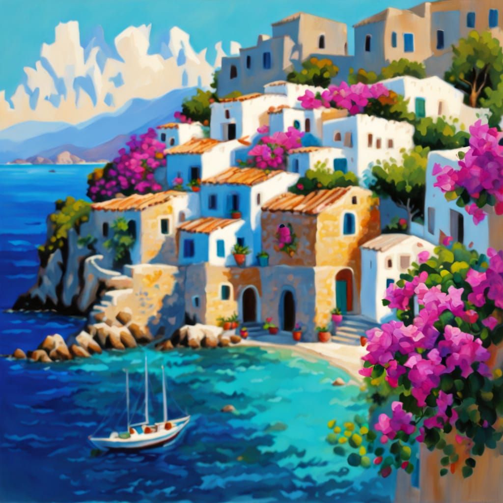 Vibrant Mediterranean Island Crayon Drawing
