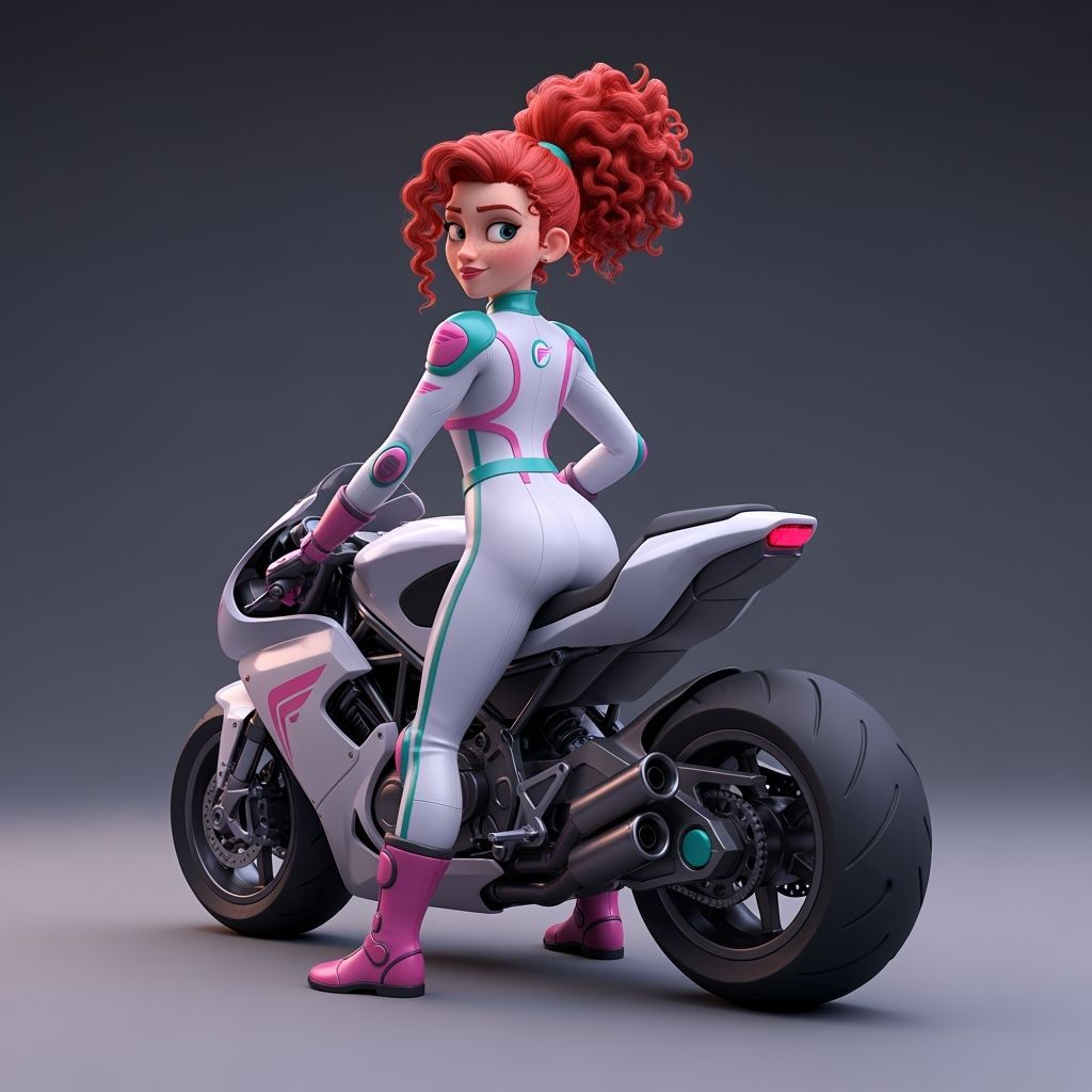 Confident Woman on Motorcycle in 3D Cartoon Style