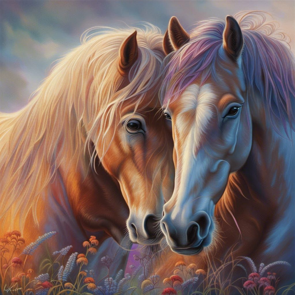 Horses Kissing: Hyperrealistic Farm Scene in Ethereal Style