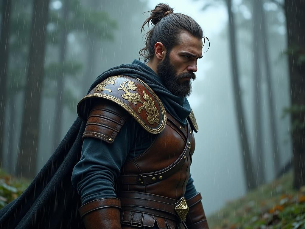 Brooding Ranger in Fog-Shrouded Forest, Hyperrealistic Art