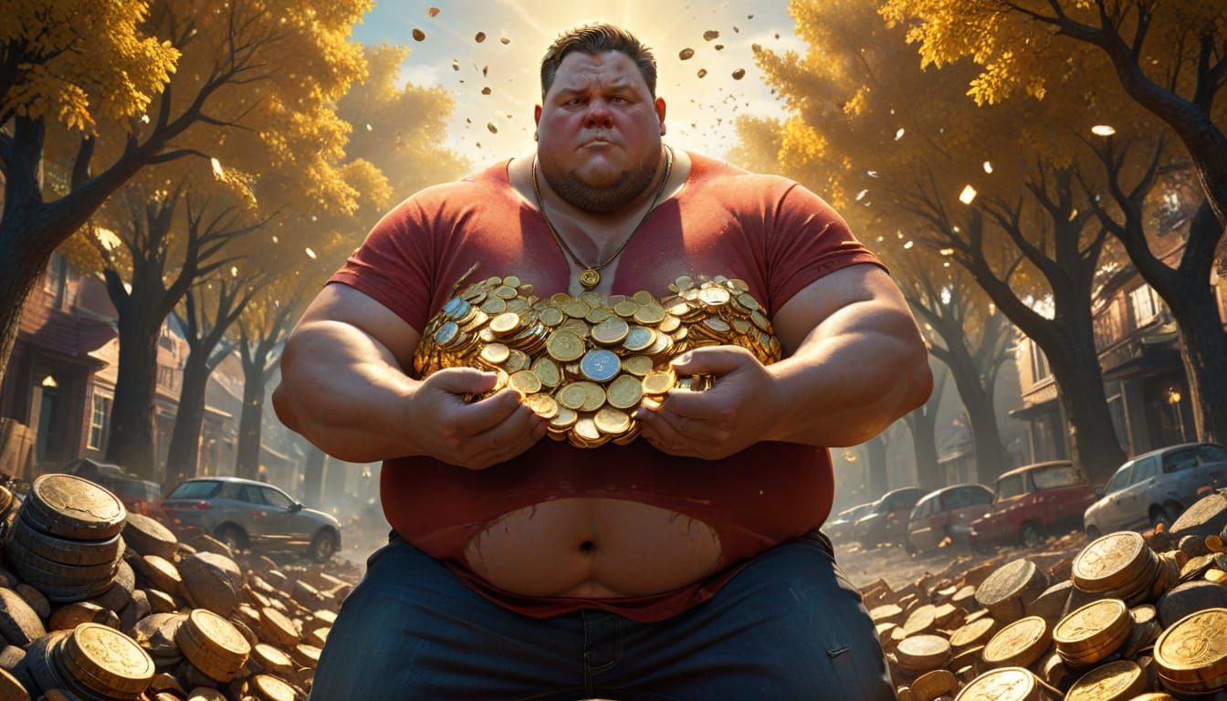 Greedy Man Crushing City in Hyperrealistic Art