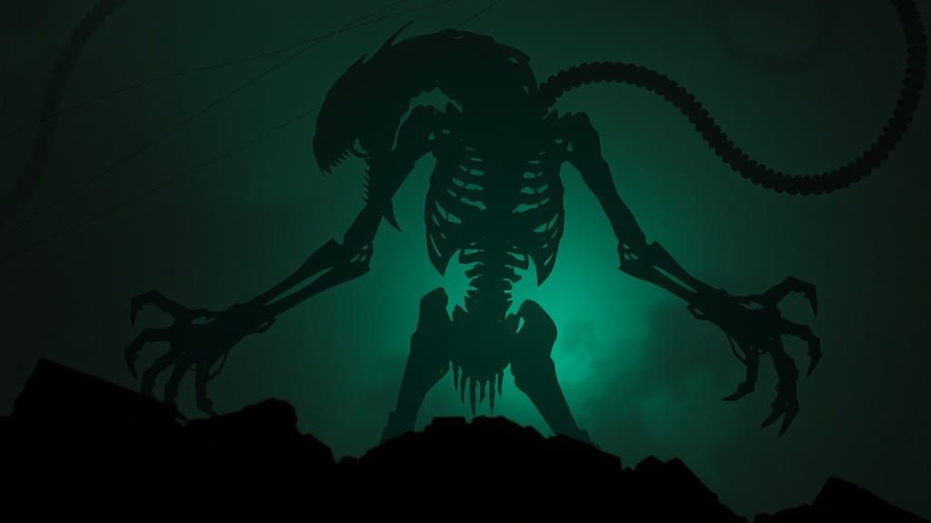 Biomechanical Horror Emerges from Shadows in Dark, Muted Pal...