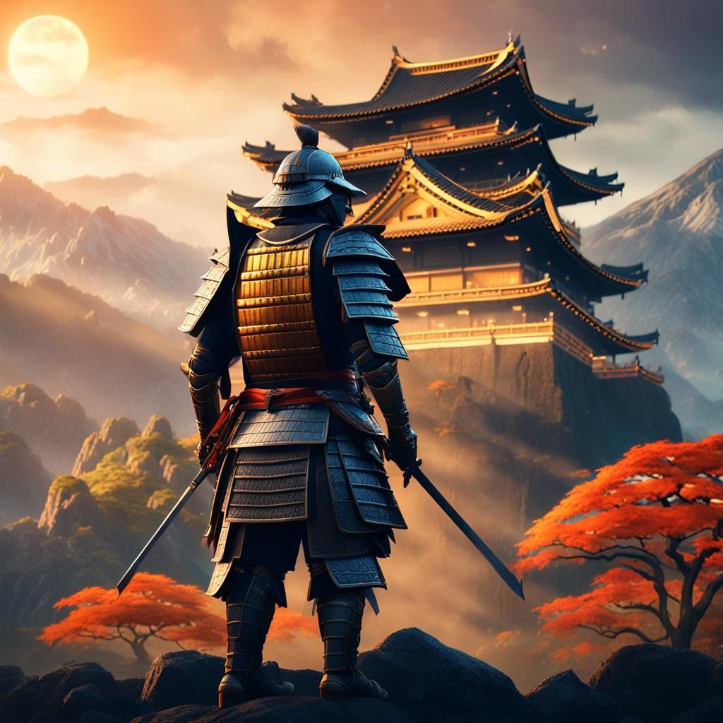 Samurai in Armor Beside Castle: Fantasy Art