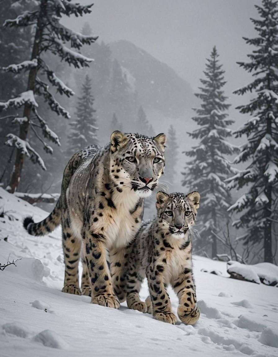 Snow Leopard Family in Misty Mountain Landscape