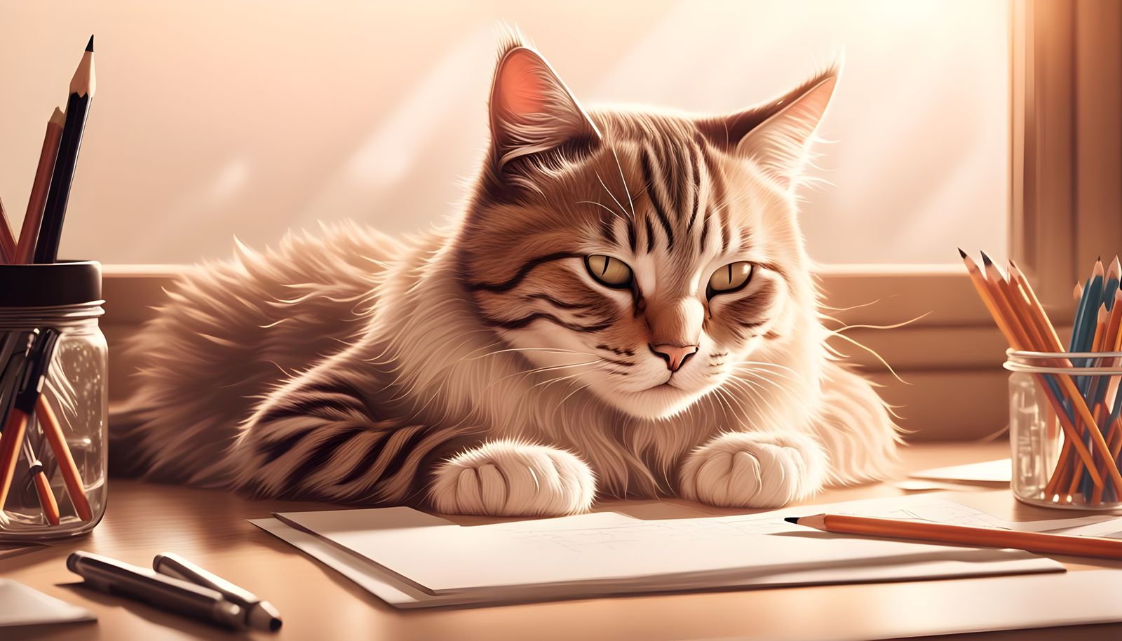 Cute Cat Napping on Homework with Realistic Textures