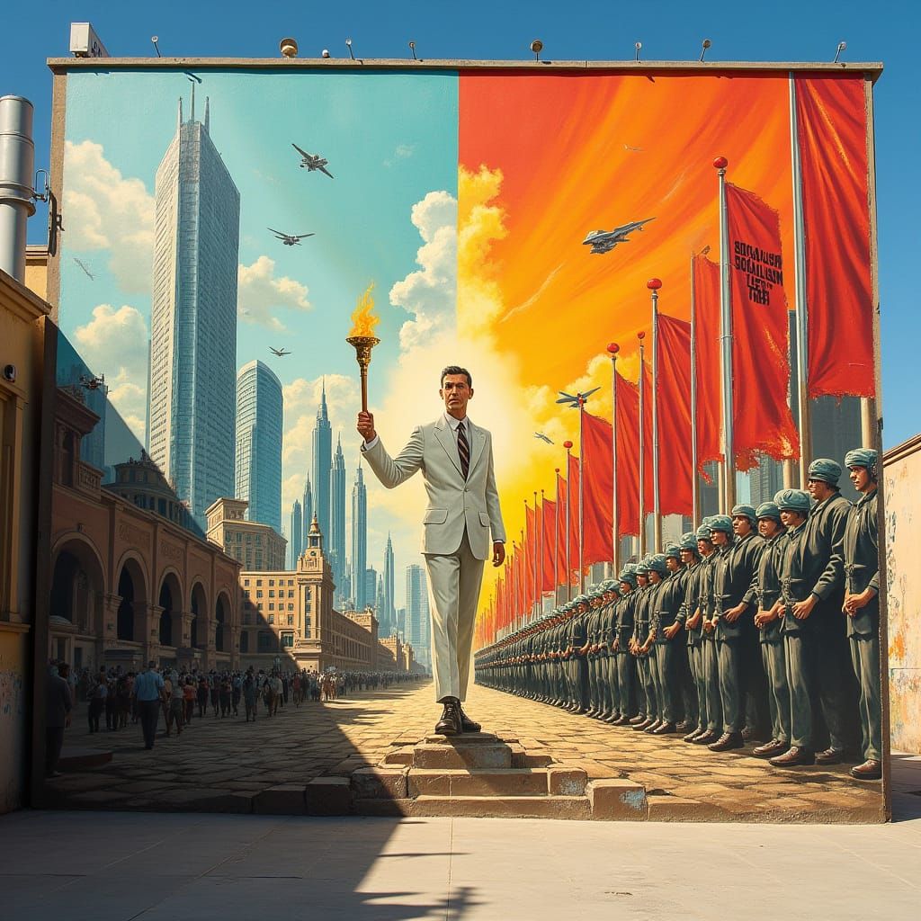 Retro-Futurist Propaganda Mural of Divided Metropolis