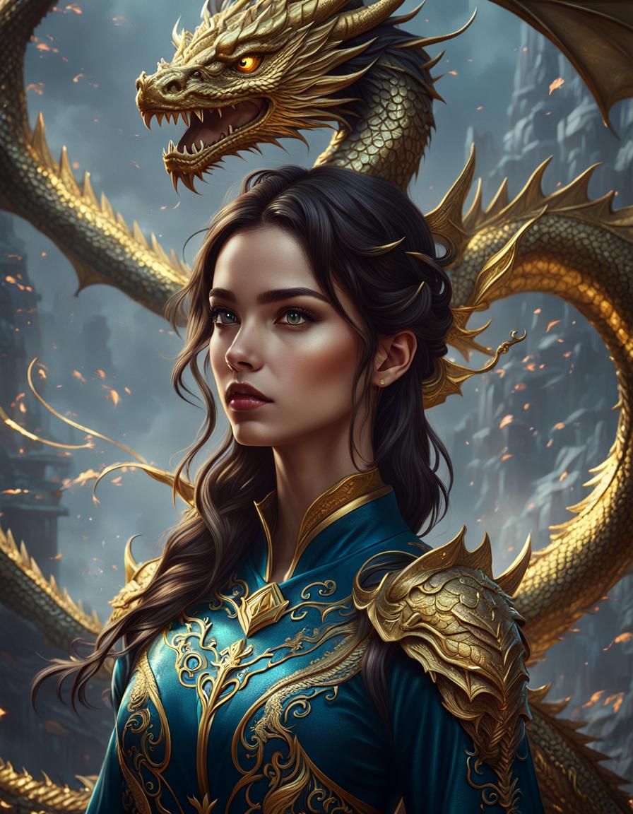 Golden Dragon and Brunette: Detailed 8k Illustration