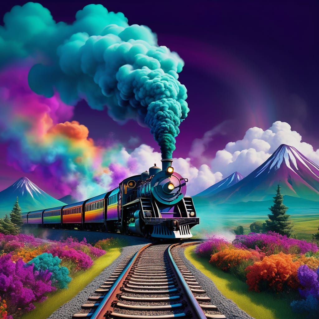 Whimsical Dark Rainbow Landscape with Curving Rail and Train