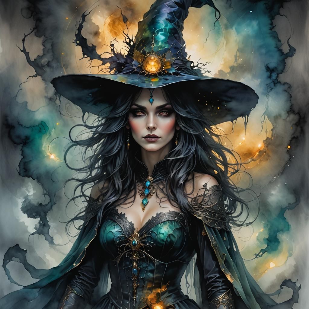 Ethereal Witch Woman in Mixed Media Style