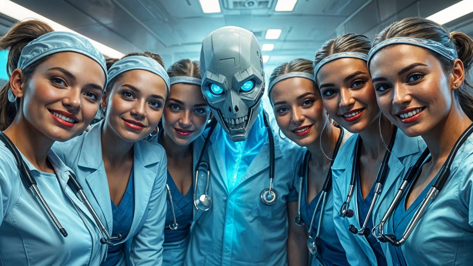 Futuristic Doctors' Selfie with Ghostly Specter