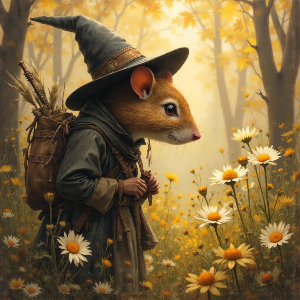 Mouse Pilgrim Admires Daisy in Autumn Light