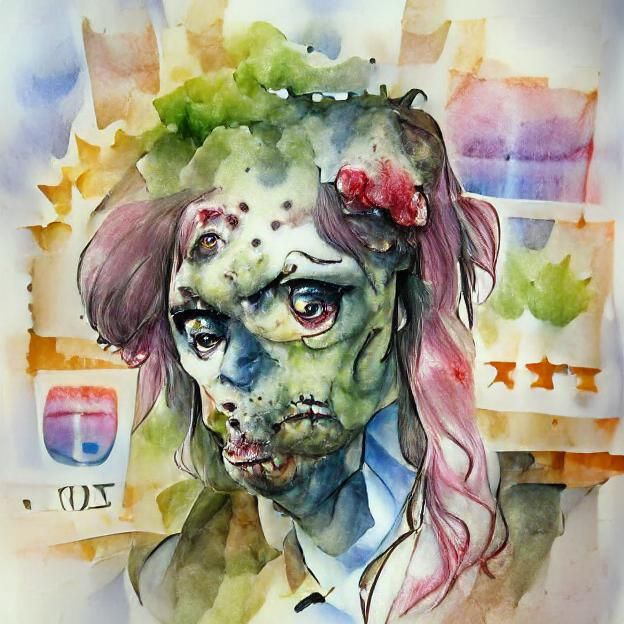 Watercolor Portrait of a Pretty Zombie