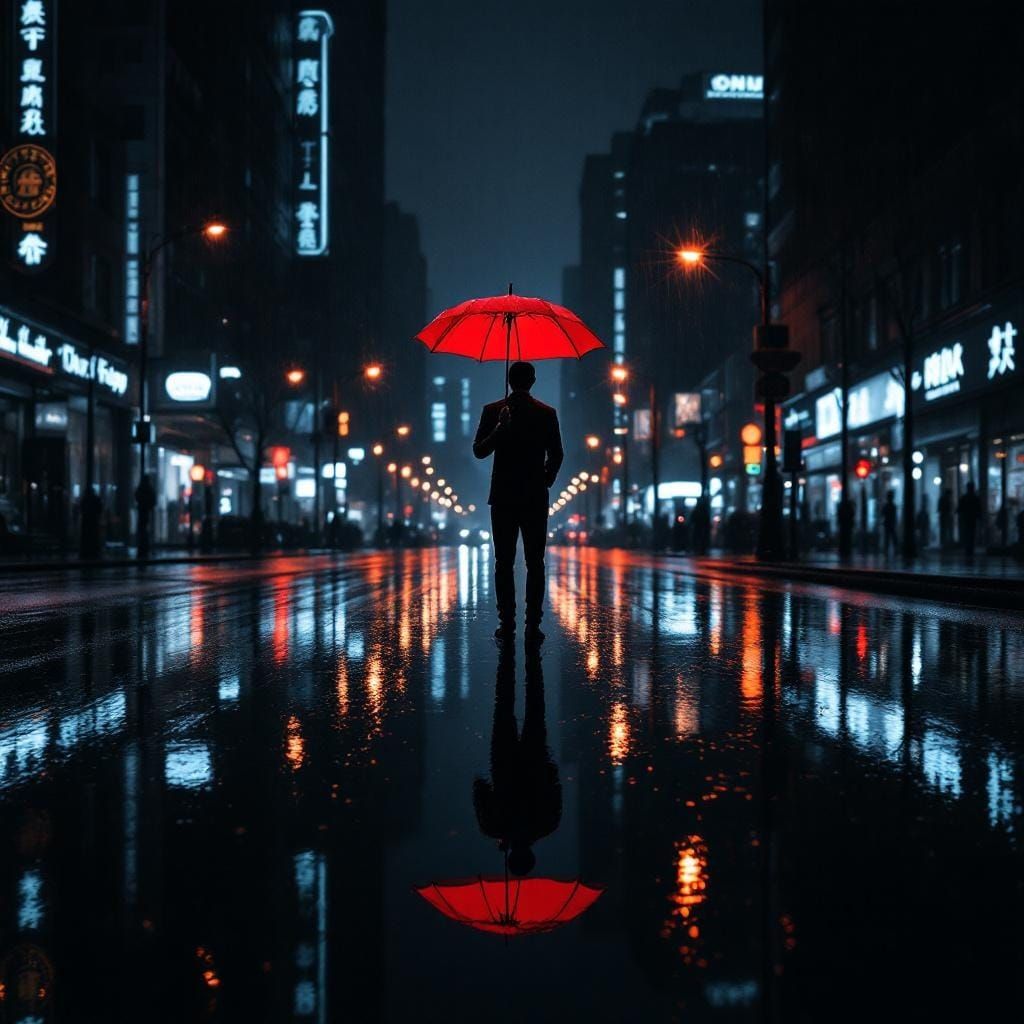 Noir Cityscape at Night with Red Umbrella Reflection