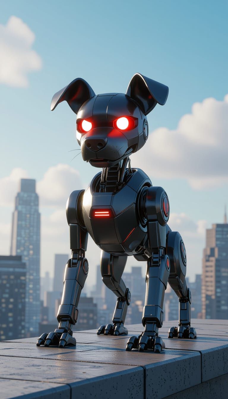 Futuristic Robot Dog on Rooftop in 3D Render