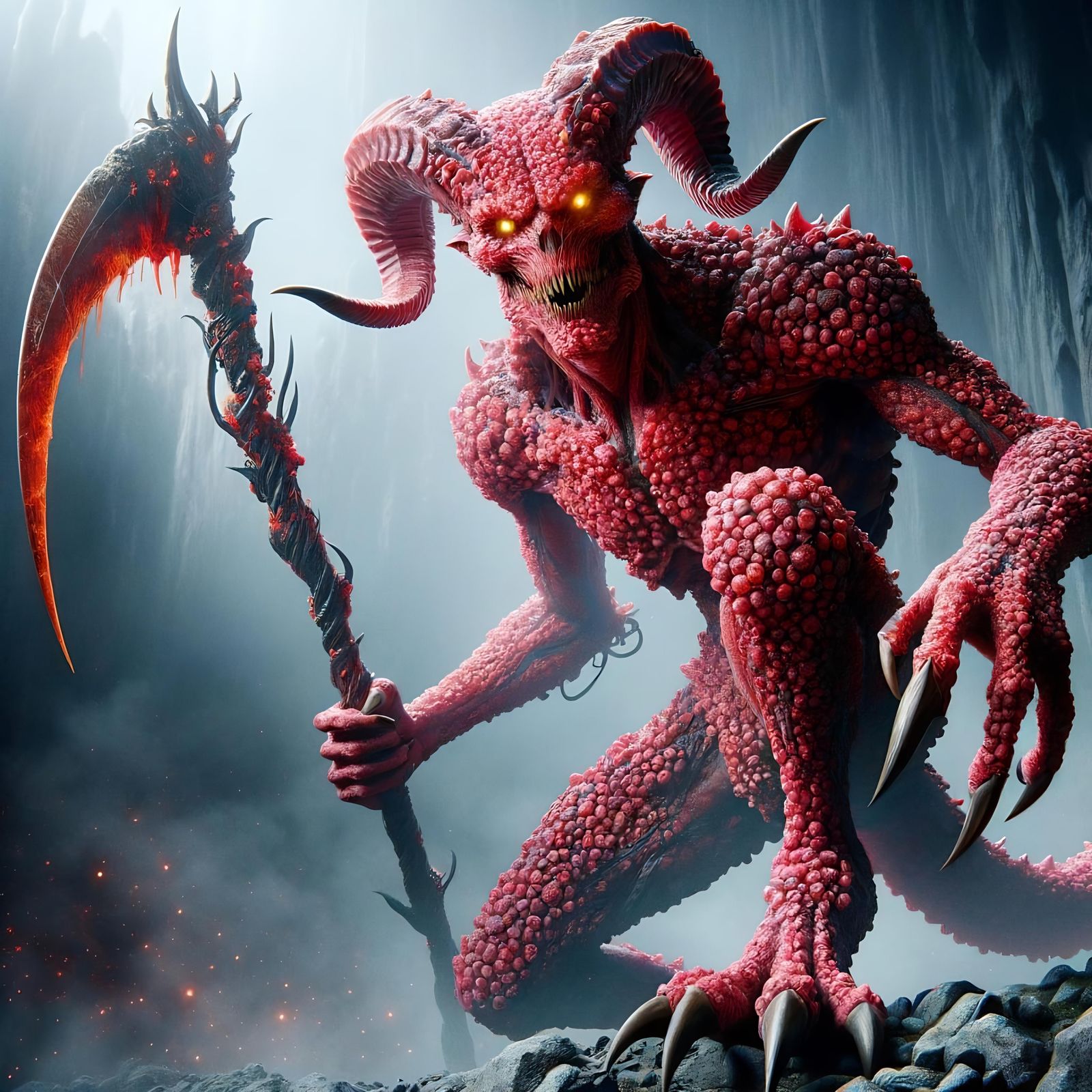 Seven-Foot Demon Creature with Scythe in Fantasy Art