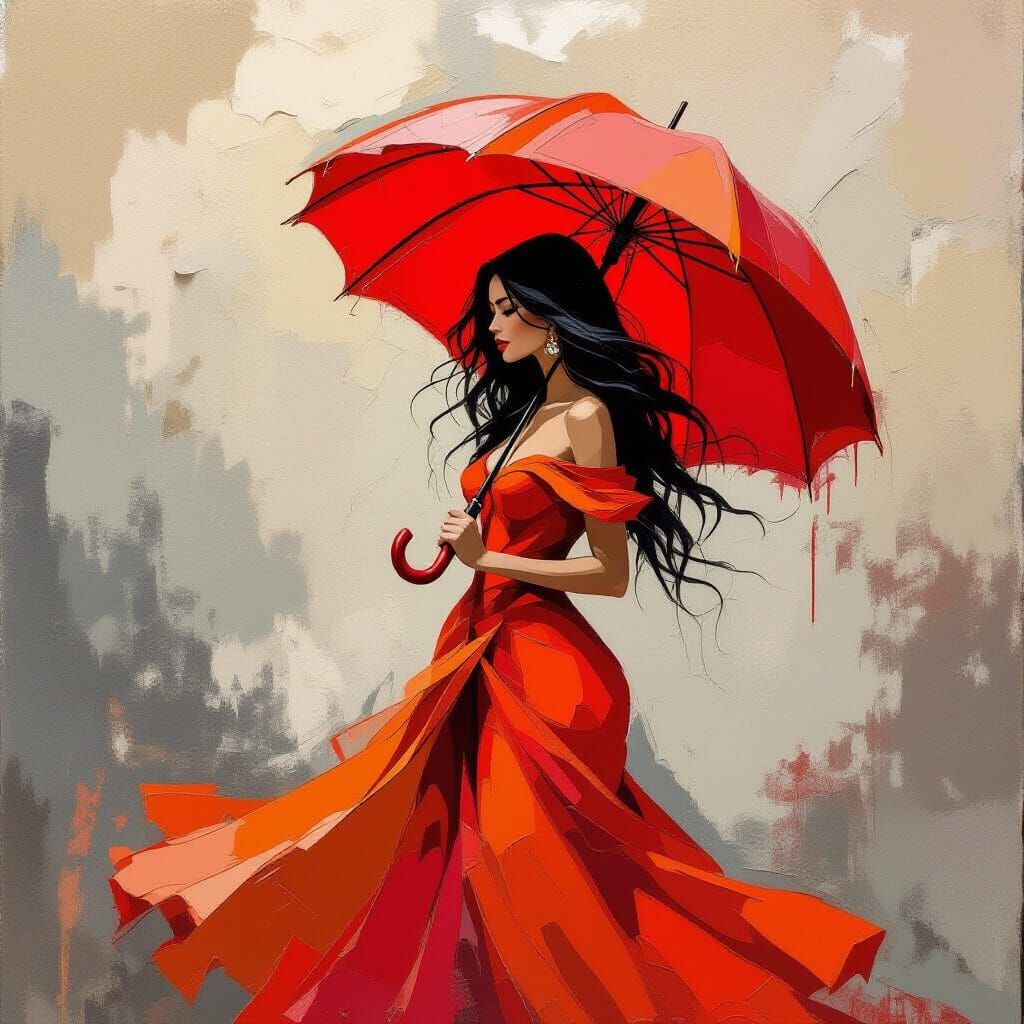 Woman with Umbrella in Abstract Impasto Painting