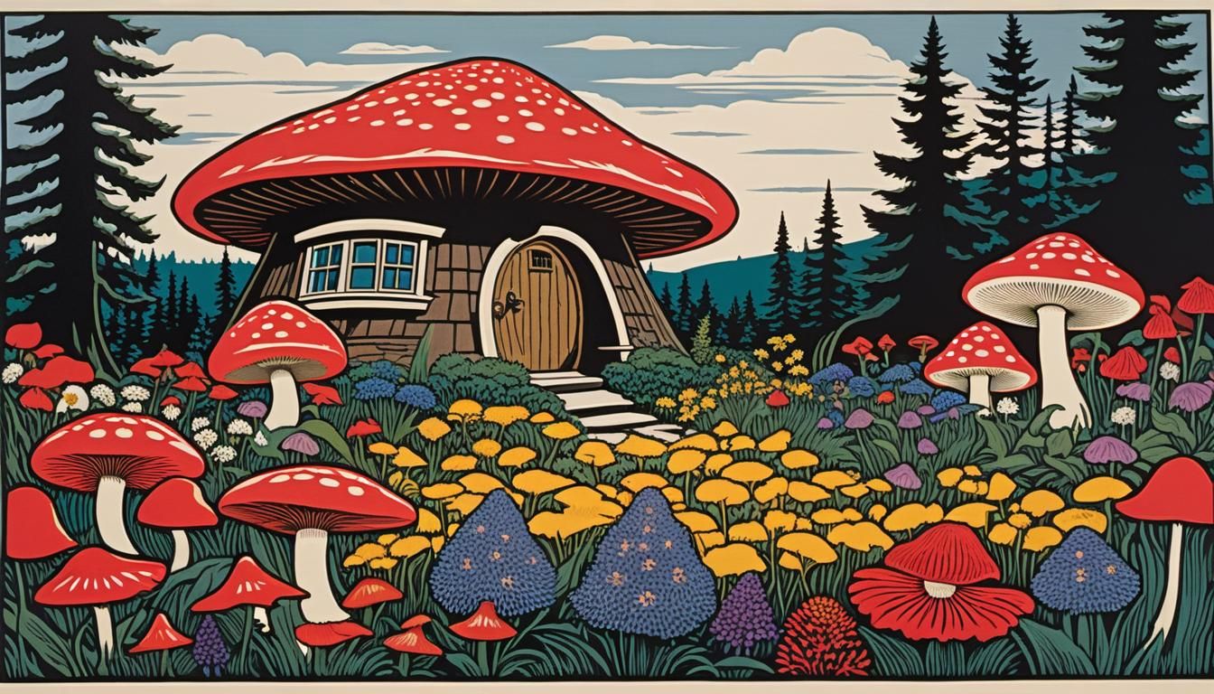 taciturn Teddy Roosevelt in the foreground as a garden gnome. Mushroom shaped house in the midground. wildflowers, lots...