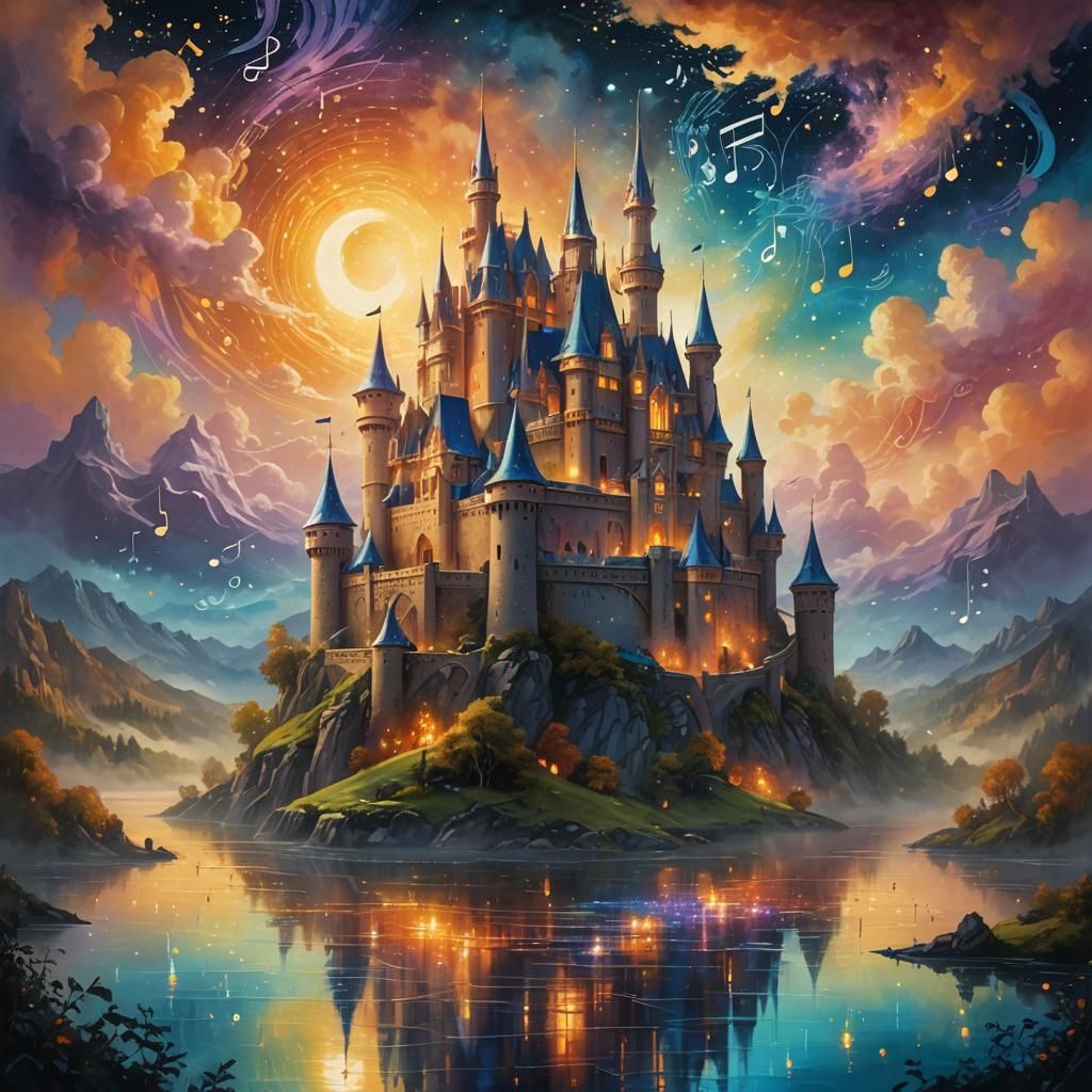 Ethereal Castle Made of Musical Notes, Glowing Oil Painting