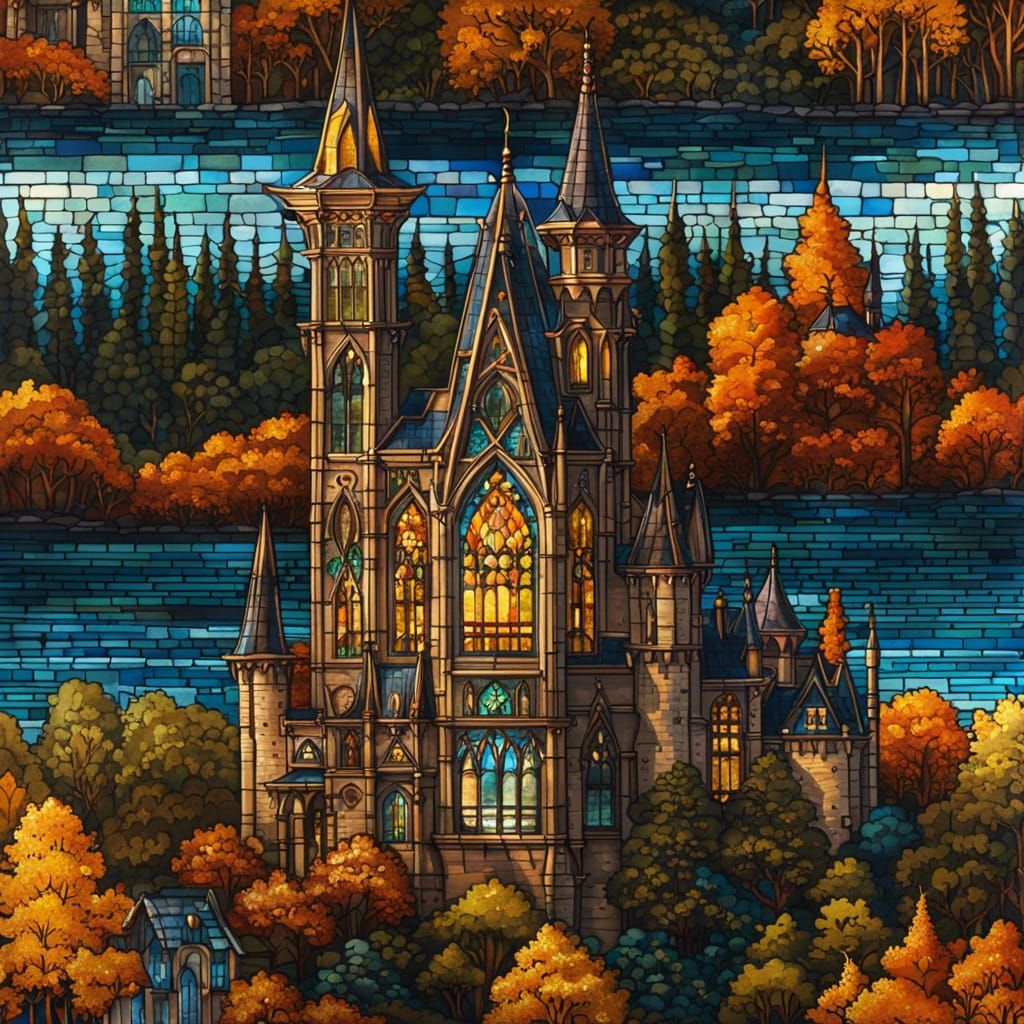 Gothic Castle in Golden Forest, Impasto Gouache Painting